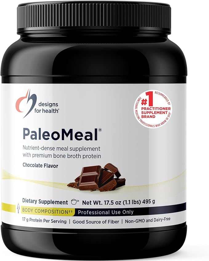Designs for Health Pure PaleoMeal - Bone Broth Protein Powder with 17g Protein Meal Replacement Shake Dietary Supplement with Active Folate + Chelated Minerals Chocolate (15 Servings / 510g)