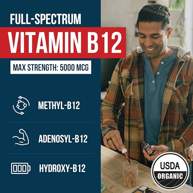 BioActive Vitamin B12 5000 mcg | 3 BioActive Forms Plus Methylfolate Cofactor - Methylcobalamin Adenosyl &amp Hydroxy | Sublingual Liquid Drops Berry Flavor Organic Non-GMO Vegan (1 oz)