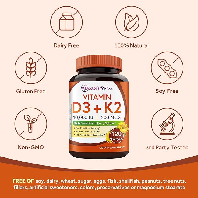 Doctor's Recipes D3 K2 + Saffron Bundle (Pack of 2) | Vitamin D3 K2 10000 IU (Item 1) &amp Saffron Extract Supplement (Item 2) | 120 Softgels + 120 Capsules