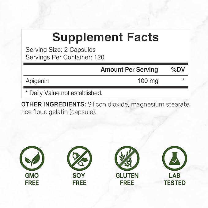 Apigenin 100mg Per Serving 240 Capsules – Raw Plant Extract from Chamomile Flower – Active Bioflavonoids &amp Antioxidants – Sleep &amp Relaxation Supplement – Non-GMO