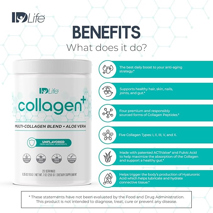 IDLife Collagen+ Powder Drink - Multi-Collagen Blend with Fulvic Acid &amp Aloe Vera - for Healthy Hair Skin Nails Joints &amp Gut - 20 Servings / 200g
