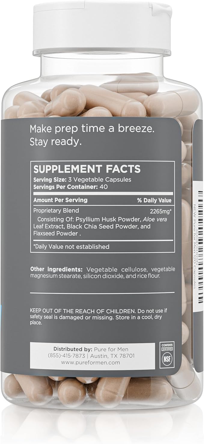 Pure for Men Original Vegan Cleanliness Stay Ready Fiber Supplement | Helps Promote Digestive Regularity | Psyllium Husk Aloe Vera Chia Seeds Flaxseeds | Proprietary Formula | 120 Vegan Capsules