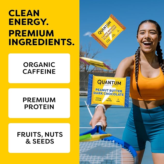 Quantum Energy Square - Peanut Butter Dark Chocolate Chocolate Chip Cookie Dough Caffe Mocha Almond Chip - Variety 12-Pack - 4 Bars Each