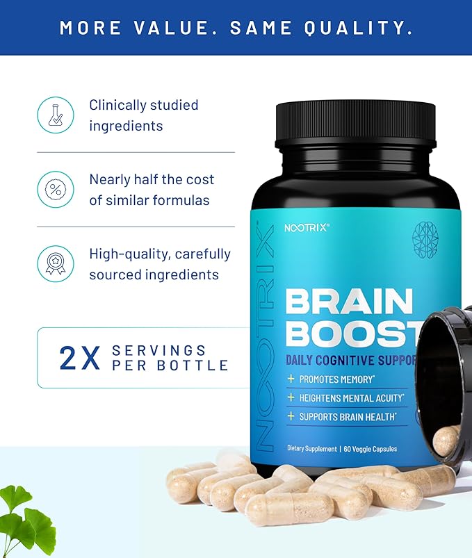 Nootrix Brain Boost Nootropic Supplement | Supports Memory Mental Focus Cognitive Health &amp Energy | Caffeine-Free Promotes Healthy Mood &amp Brain Function w/Gingko Biloba &amp DMAE | 240 Cap