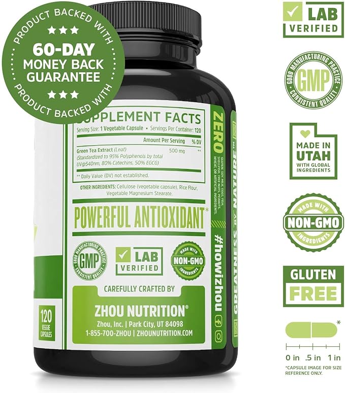 Zhou Green Tea Extract Capsules with EGCG Natural Energy Mental Focus Immune Health Antioxidant and Heart Support Non-GMO Vegan Gluten Free 120 Capsules
