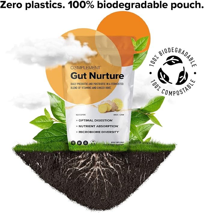 Complement Gut Nurture Prebiotic + Postbiotic Superfood Powder for Leaky Gut Repair Probiotics for Digestive Health - Ginger Root - 30 Servings