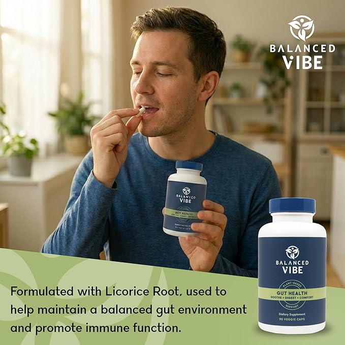 Balanced Vibe Gut Health Supplement – Digestive Comfort &amp Gut Support for Better Nutrient Absorption – Plant-Based with L-Glutamine and Triphala – Vegan 90 Capsules