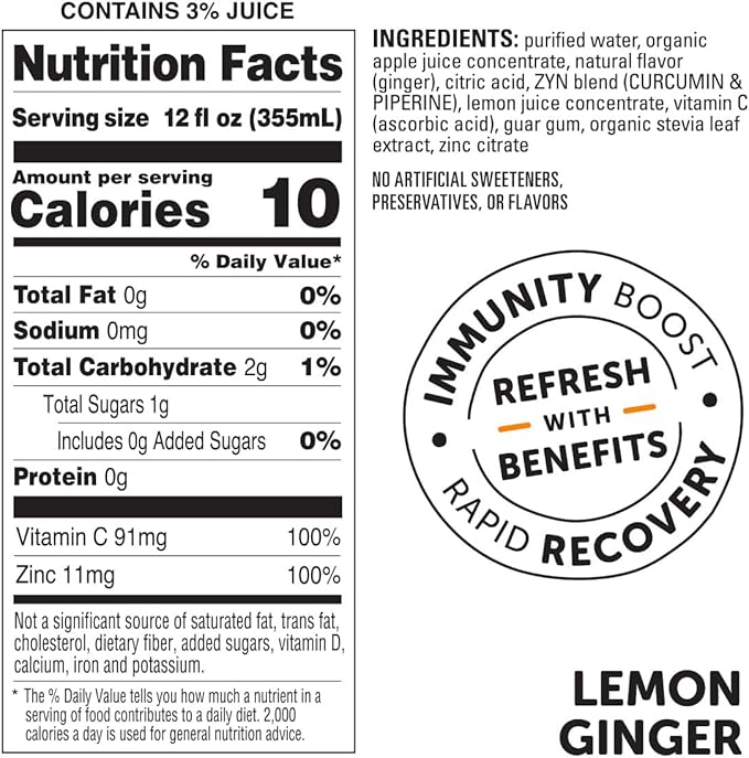 ZYN Turmeric Wellness Drink (24 Pack) Lemon Ginger Flavored Turmeric Curcumin with Black Pepper No Added Sugar Low Carb &amp Low Calorie Clean Alternative