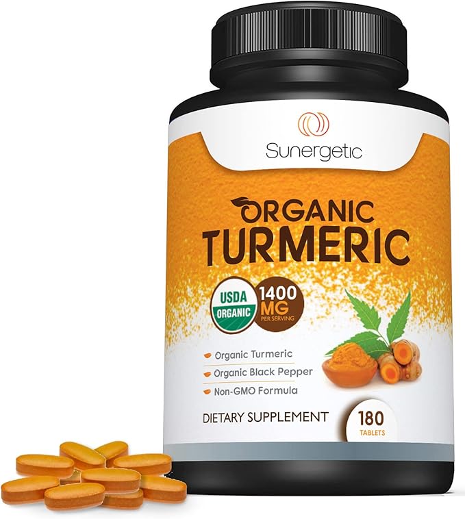 Sunergetic USDA Certified Organic Turmeric Supplement – Includes Organic Turmeric &amp Organic Black Pepper – 1400mg of Turmeric per Serving - 180 Count (Pack of 1)
