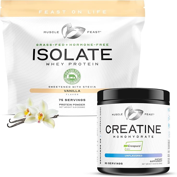 Muscle Feast Creatine + Isolate Bundle: 1 Creatine Powder (Unflavored 300g) + 1 Whey Protein Isolate (Vanilla 5lb) | Premium Supplements Vegetarian Gluten Free