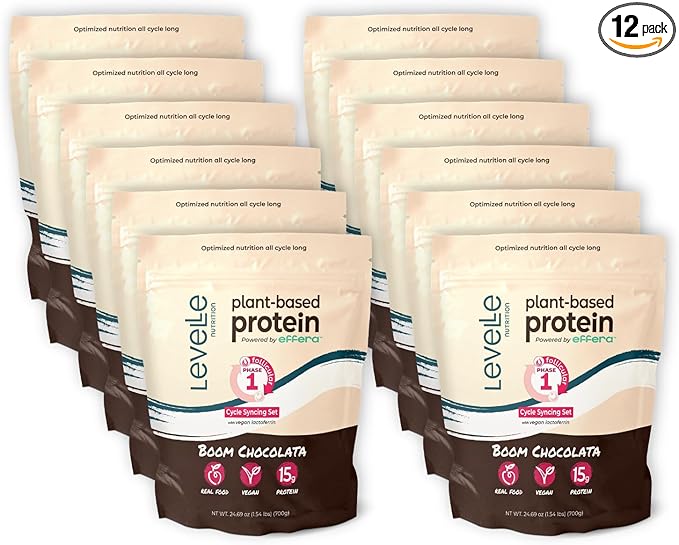 Boom Chocolata Cycle-Syncing Plant-Based Protein Powder | Pea &amp Pumpkin Protein | Gut-Friendly with Iron Fiber &amp Vegan Lactoferrin | Bulk Case of 12 (Phase 1: Follicular)