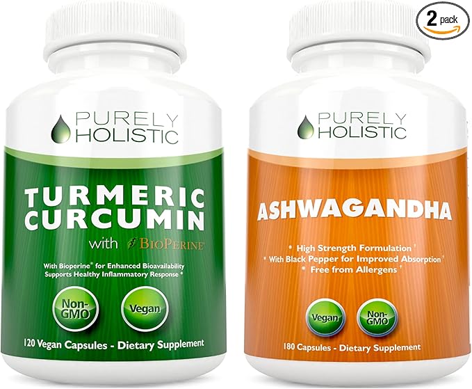 Organic Turmeric Curcumin 700mg &amp Bioperine + Organic Ashwagandha 1300mg &amp Black Pepper - Vegan Bundle - 120 + 180 Capsules - Made in USA