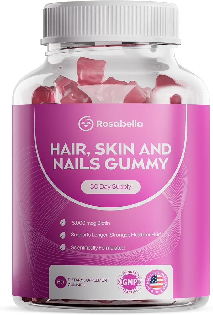 Rosabella Hair Growth Gummies for Women &amp Men – Vegan Hair Gummies with 5000mcg Biotin – Hair Vitamins for Strong Healthy-Looking Hair – Gummy Biotin Supplement – 60 Count