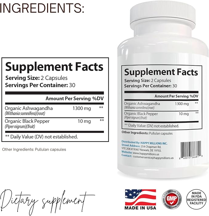 Ashwagandha with Black Pepper | 1310 mg Organic Herbal Supplement | 60 Plant-Based Capsules