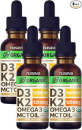 NUSAVA (4 Pack) Organic Vitamin D3 K2 Drops with MCT Oil Omega 3 5000 IU Maximum Strength Vitamin D Liquid - No Fillers Non-GMO Liquid D3 for Faster Absorption &amp Immune Support (Vanilla 4 Fl O