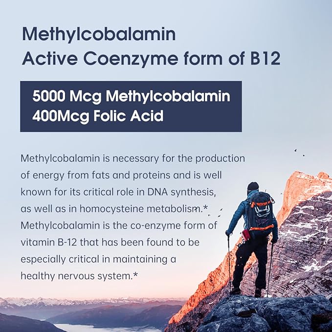 Methyl B-12 5000mcg Chewable with Folate - Vitamin B12 Methylcobalamin Sublingual Tablets - Supports Energy &amp Brain Function - Vegan Supplement - Orange Flavor - 120 Count