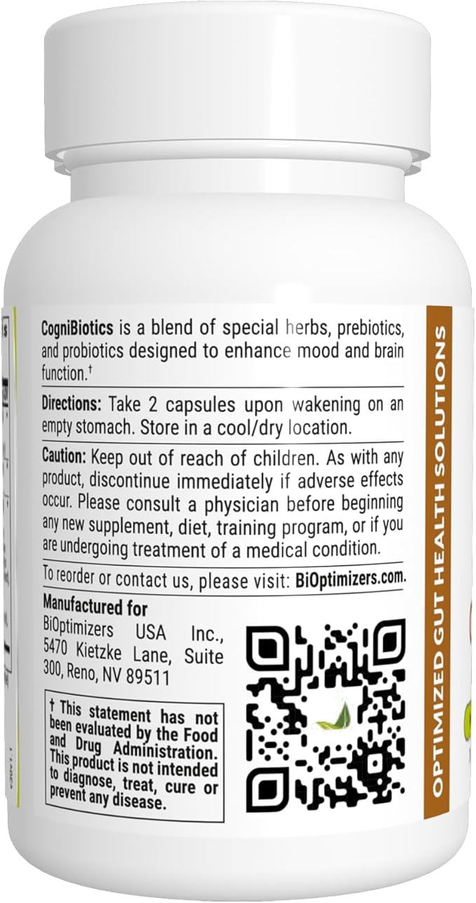 BIOptimizers Cognibiotics Probiotic Brain Supplement - Helps Support Mood Better Focus Memory Mental Clarity - 30 Capsules