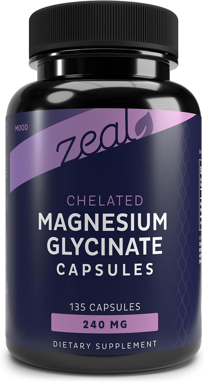 Zeal Naturals Chelated Magnesium Glycinate Supplement - 240mg 135 Capsules | Magnesium for Sleep Muscle Recovery &amp Relaxation | Non-GMO