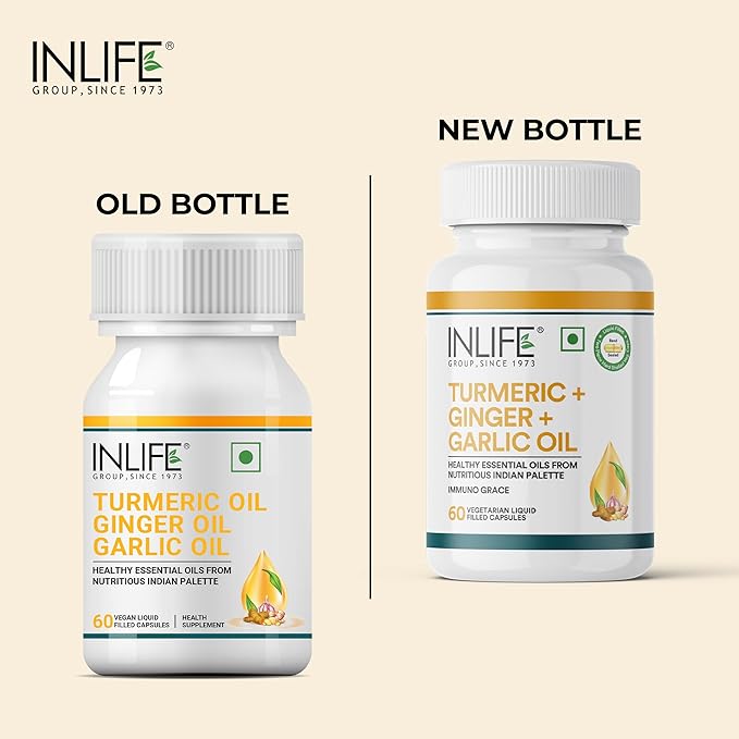 INLIFE Organic Turmeric Ginger Garlic Capsules 300mg (Liquid Filled) for Inflammation Joint Support Immune Support &amp Heart Health | Ayurvedic Vegitarian GMP Tested - (60 Count)