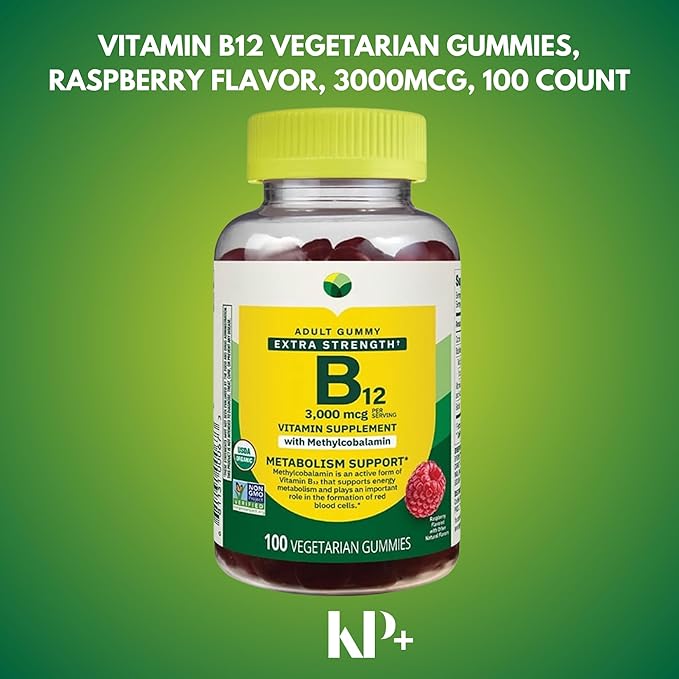 KP+ Spring Valley Vitamin B12 | B12 3000 mcg Extra Strength | Vitamin Supplement with Methylcobalamin | Metabolism Support | Raspberry Flavor | 100 Vegetarian Gummies | Pack of 1