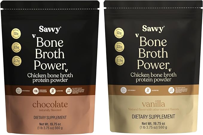 SAVVY Vanilla + Chocolate Bone Broth Protein Bundle Protein Powder – 22g Protein 12g Collagen Glutamine MCTs – for Muscle Joint Digestive &amp Skin Health – Dairy-Free Keto – 560g (16 Servings