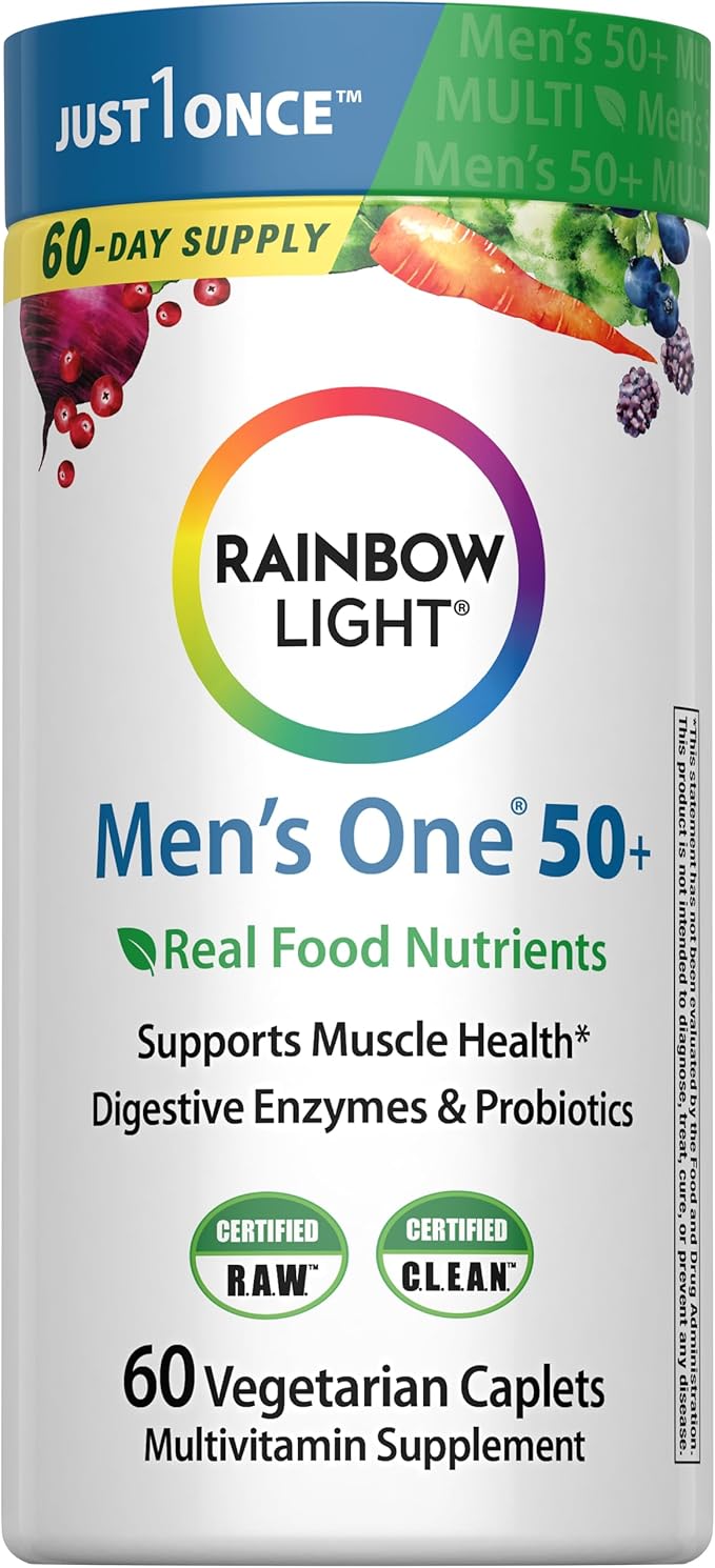 Rainbow Light Mens Multivitamin One + for 50 Plus | 60 Caplets | Supports Muscle Health | with Vitamins C D and Zinc | Real Food Nutrients Digestive Enzymes &amp Probiotics
