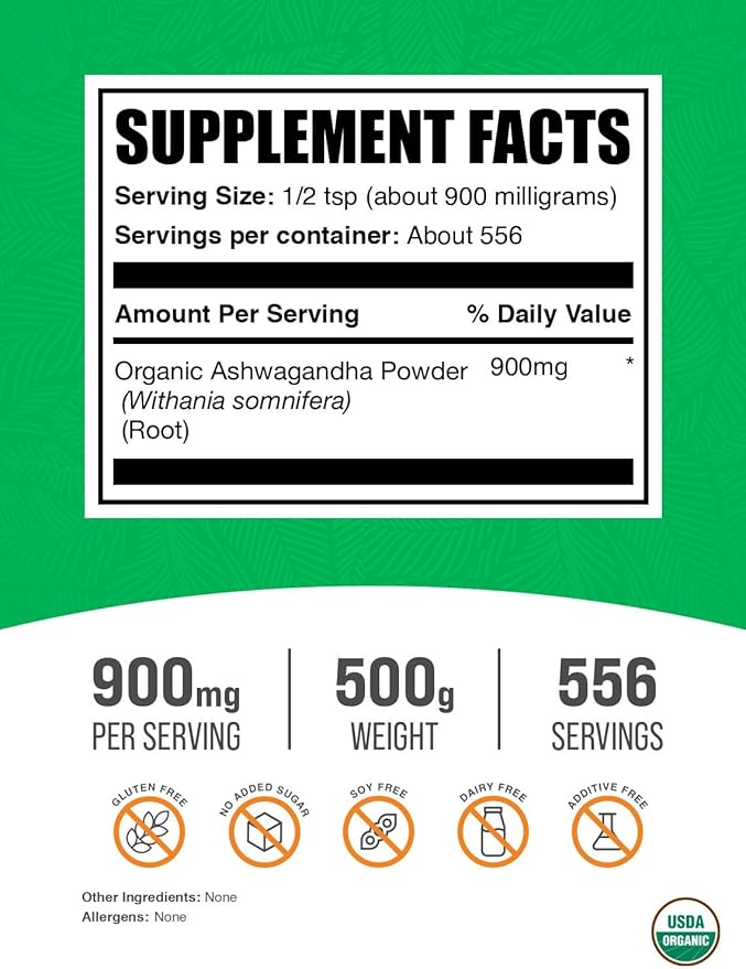 BulkSupplements.com Organic Ashwagandha Powder - Organic Ashwagandha Supplements Sourced from Ashwagandha Root - Gluten Free 900mg per Serving 500g (1.1 lbs) (Pack of 1)