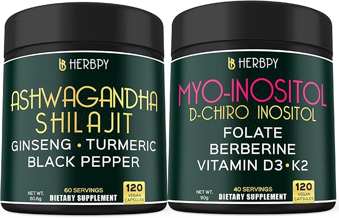 Bundle 5in1 Ashwagandha Shilajit Supplement 120 Count &amp 6in1 Myo-inositol &amp D-Chiro Inositol Supplement for Women 120 Count - Support Overall Health