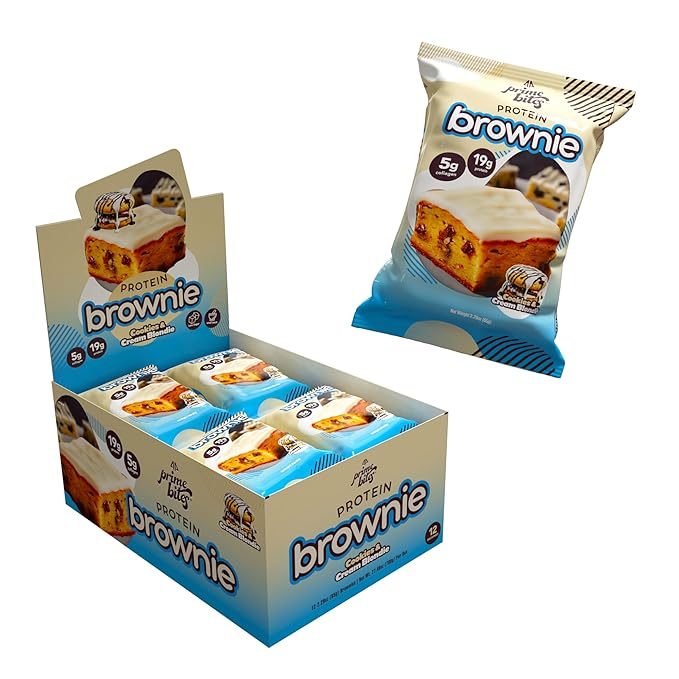 Prime Bites High Protein Brownie (12 Per Box Cookies &amp Cream Blondie) - 19g of Protein 5g of Collagen Gluten Free Low Sugar Treat Delicious Protein Snack