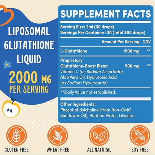 2000MG Liposomal Glutathione Liquid 98% Absorption Active Form L-Glutathione Supplement Vegan Friendly Powerful Antioxidant Complex for Immune System Aging Defense Detox 2 FL.OZ