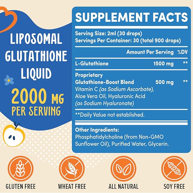 2000MG Liposomal Glutathione Liquid 98% Absorption Active Form L-Glutathione Supplement Vegan Friendly Powerful Antioxidant Complex for Immune System Aging Defense Detox 4 FL.OZ