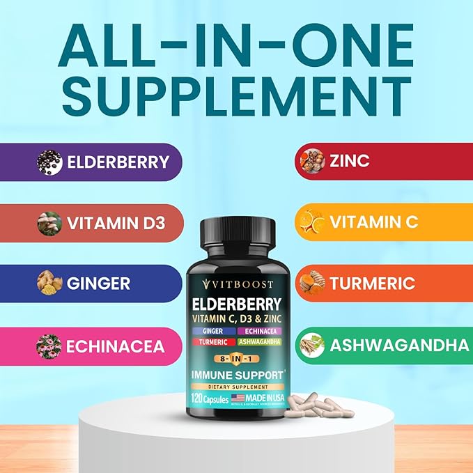 Elderberry Immune Support Supplement 8-in-1 Formula with Echinacea Vitamin C &amp Zinc Vitamin D 5000 IU Turmeric Ginger Ashwagandha – 120 Capsules