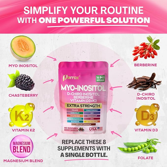 Myo-Inositol &amp D-Chiro Inositol Gummies with Berberine Vitamins D3+K2 B12 Folate Zinc Magnesium Ashwagandha Chasteberry Bioperine DIM - 16 in 1 Supplement - Mixed Berry Flavor - 90 Gummie