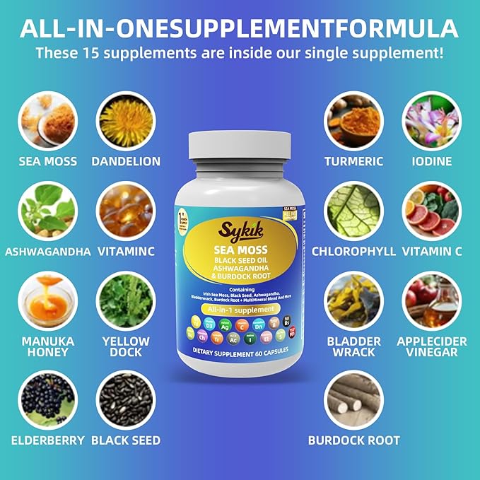 Sykik Sea Moss Black Seed Oil with Ashwagandha Turmeric Bladderwrack Burdock Vitamins C &amp D3 Elderberry Manuka Dandelion Yellow Dock Iodine Chlorophyll ACV 60 Capsules