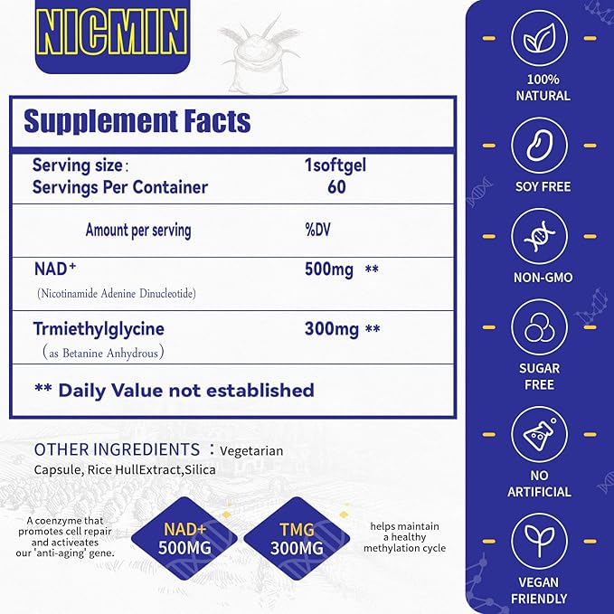 800MG Liposomal NAD+ with TMG 300MG Actual NAD+ Supplement Superior Absorption Boost NAD Plus for Cell Energy Healthy Aging and Muscle Repair 120 Capsules (Pack of 2)