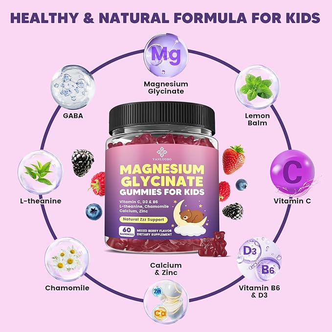 Kids Magnesium Gummies Magnesium Glycinate Gummies 400mg/200mg with L-Theanine Chamomile Vitamin B6 D3 for Kids Relaxation &amp Zzz Support Nerve Bone - Sugar Free Mixed Berry Flavor 60ct