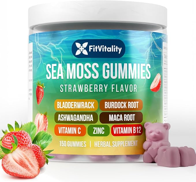 150 Sea Moss Gummies | 9-in-1 Formulation with Irish Sea Moss Ashwagandha Burdock Elderberry Bladderwrack Maca Zinc B12 | Energy &amp Immune Support | Strawberry Flavor Vegan Gummies