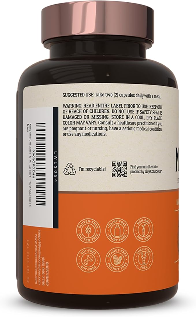 Live Conscious Magnesium Zinc &amp Vitamin D3 - Bioavailable Forms of Magnesium - Malate Glycinate Citrate - MagWell Bone &amp Heart Health Immune System Support - 120 Capsules (2-Pack)
