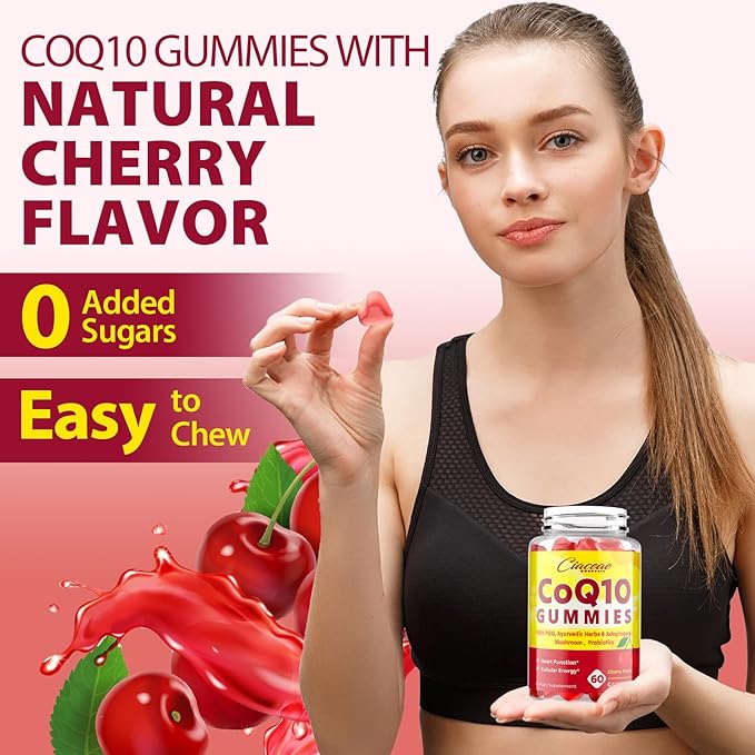 CoQ10 Gummies with PQQ - 400 MG Coenzyme Q10 High Potency Enhanced with Ayurvedic Herbs Adaptogenic Mushroom Blend &amp Probiotics for Heart Brain Energy Immunity Cherry Flavor 120 Vegan Gummi