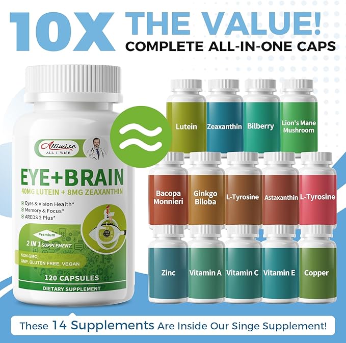 2 Pack Eye + Brain Supplements for Memory and Focus Lutein 40mg Zeaxanthin Astaxanthin Bilberry Lion’s Mane Bacopa Monnieri Ginkgo Biloba 14 in 1 Eye Vitamins for Adults &amp Seniors 240 Caps