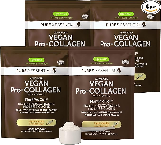Igennus Advanced Vegan Vanilla Collagen Peptide Powder Enhanced with Glycine Proline &amp Hydroxyproline &amp Cofactor Vitamin C Non GMO Vegetarian Plant Based Collagen Powder Booster 140 Servi