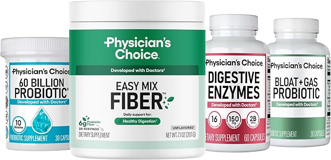 Physician's CHOICE Complete Gut Support System Bundle: Easy Mix Fiber Digestive Enzymes 60 Billion Probiotic &amp Bloat + Gas Probiotic