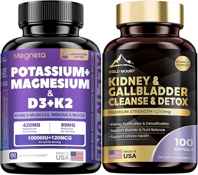 Magnesium Potassium Vitamin D3 K2 10000IU Supplement and Kidney &amp Gallbladder Cleanse Detox &amp Repair Supplement