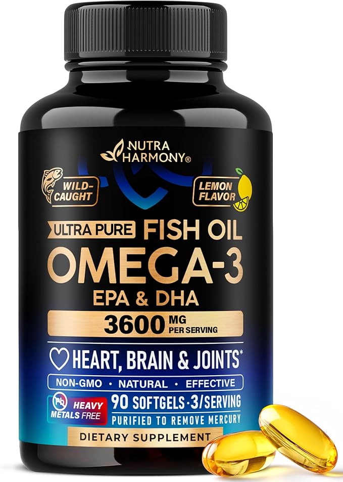 Omega 3 Fish Oil 3600 mg - Omega 3 Supplement | EPA &amp DHA - Heavy Metals Free - Heart Brain &amp Joint Support - Purified Fish Oil for Men &amp Women - Lemon Flavored - Made in USA 90 Softgels