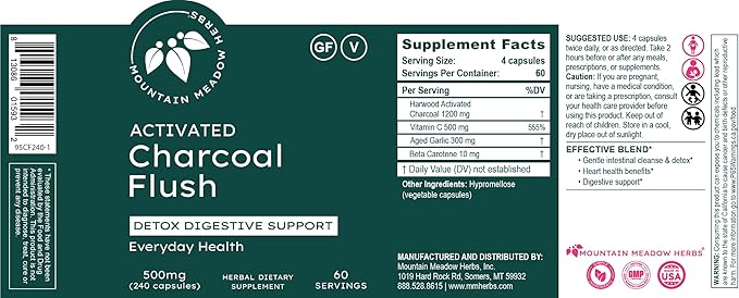 Mountain Meadow Herbs Activated Charcoal Flush – Natural Detox Cleanse Supplement for Digestion Gas Relief and Bloating Support – Activated Charcoal Capsules for Internal Cleansing 240ct