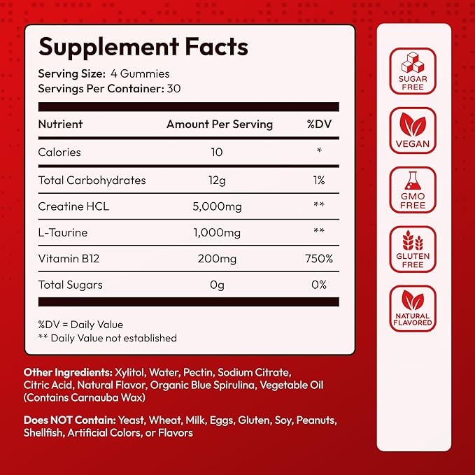 Creatine HCL for Adults 120 Gummies 6200mg - HCL Creatine Advanced Complex with L-Taurine + Vitamin B12 for Men &amp Women Muscle Strength &amp Builder Energy Boost Pre-Workout &amp Recovery Supp