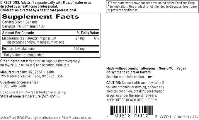 Klaire Labs SFI Health Reduced L-Glutathione 150mg - Antioxidant Supplement with Magnesium for Liver Detox &amp Immune Support - Active Reduced Form - Hypoallergenic (100 Capsules)