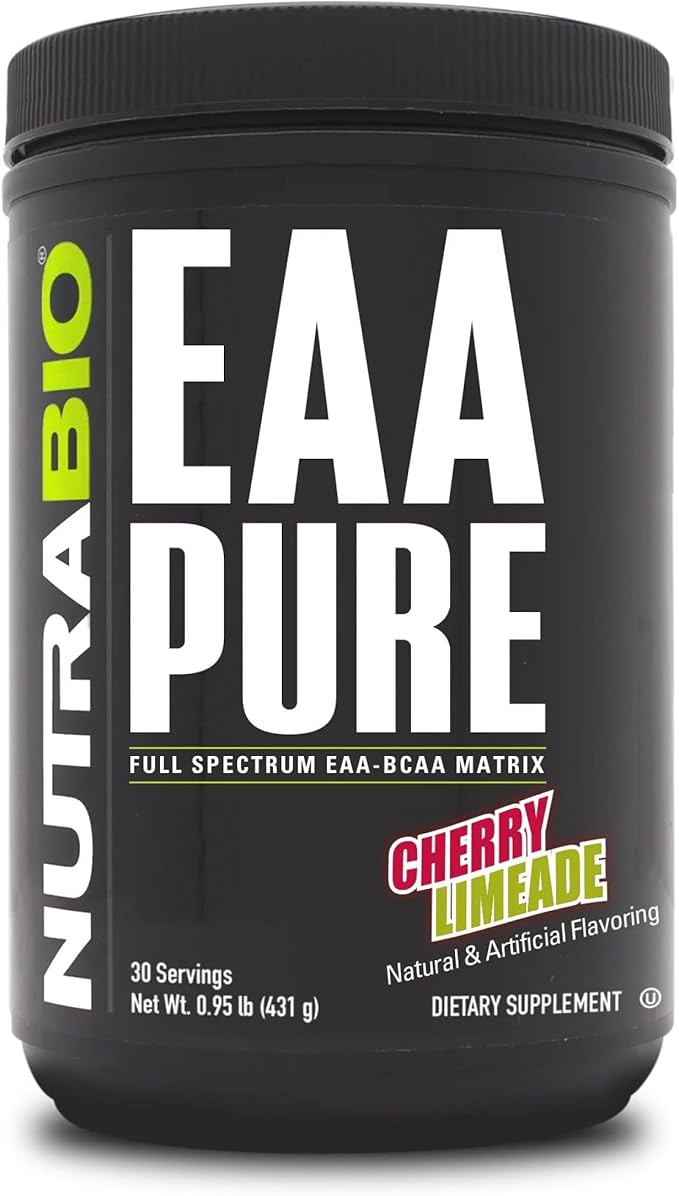 NutraBio – EAA Pure – 9 Amino Acids – Muscle Repair and Recovery 30 Servings Cherry Limeade – Pre or Post Workout – All Day Recovery