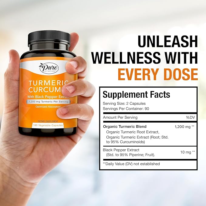 Pure By Nature Turmeric Curcumin with Black Pepper Extract 10 mg Capsules 1200 mg per Serving Organic High Absorption Antioxidant Support (180 Count)