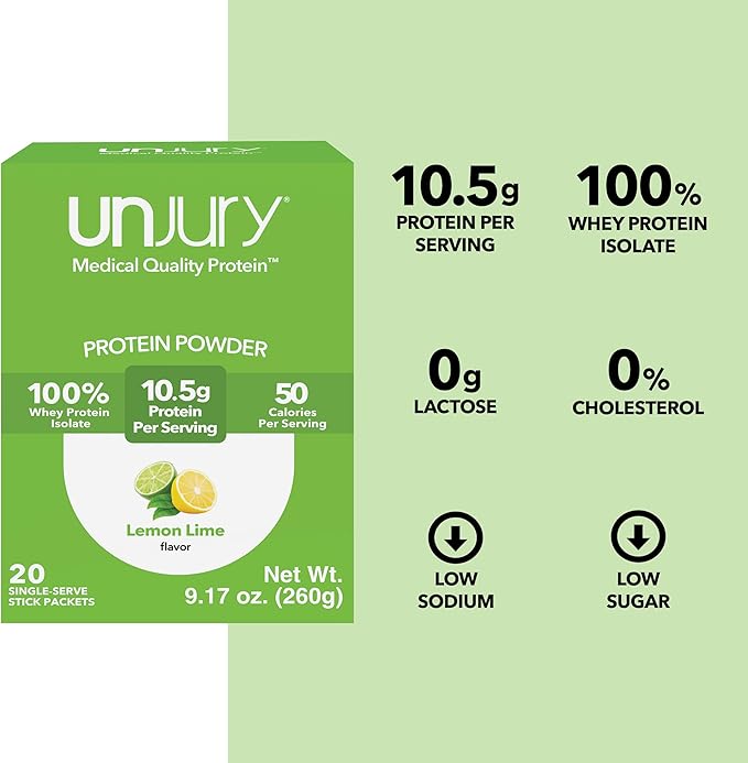 Unjury Whey Protein Powder Individual Stick Packs | Lemon Lime | 10.5g 100% Whey Isolate Protein Powder | Low Carb and Lactose Free | Gluten Free | Certified Kosher | 20 Servings